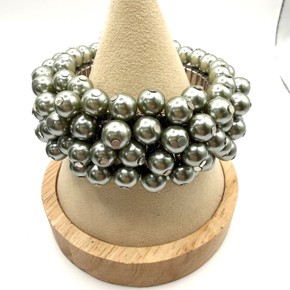 Isaac Mizrahi Bracelet Sage Green Faux Pearl Stretch Cuff Cocktail